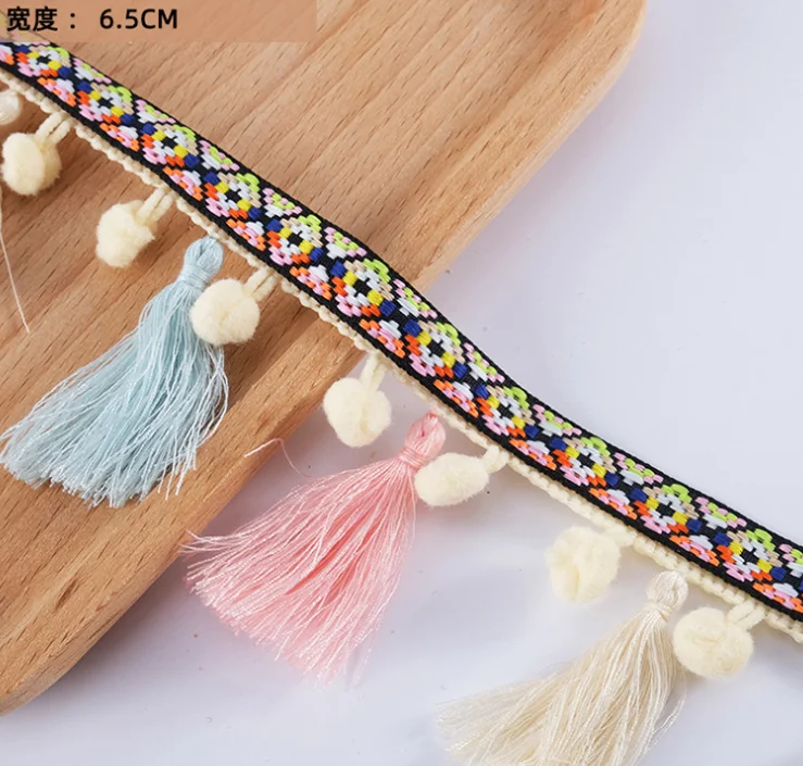 Width 6-9 CM Cotton sequins ethnic pom pom trim Colorful Metallic ball broom fringe Tassel lace For curtain Garment Accessories