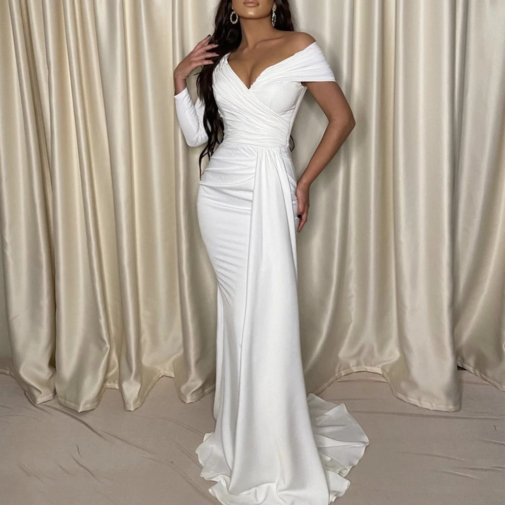 One Sleeve Pleated  Floor Length White Evening Dress Bridesmaids Party Prom Gown With Ribbon for Women
