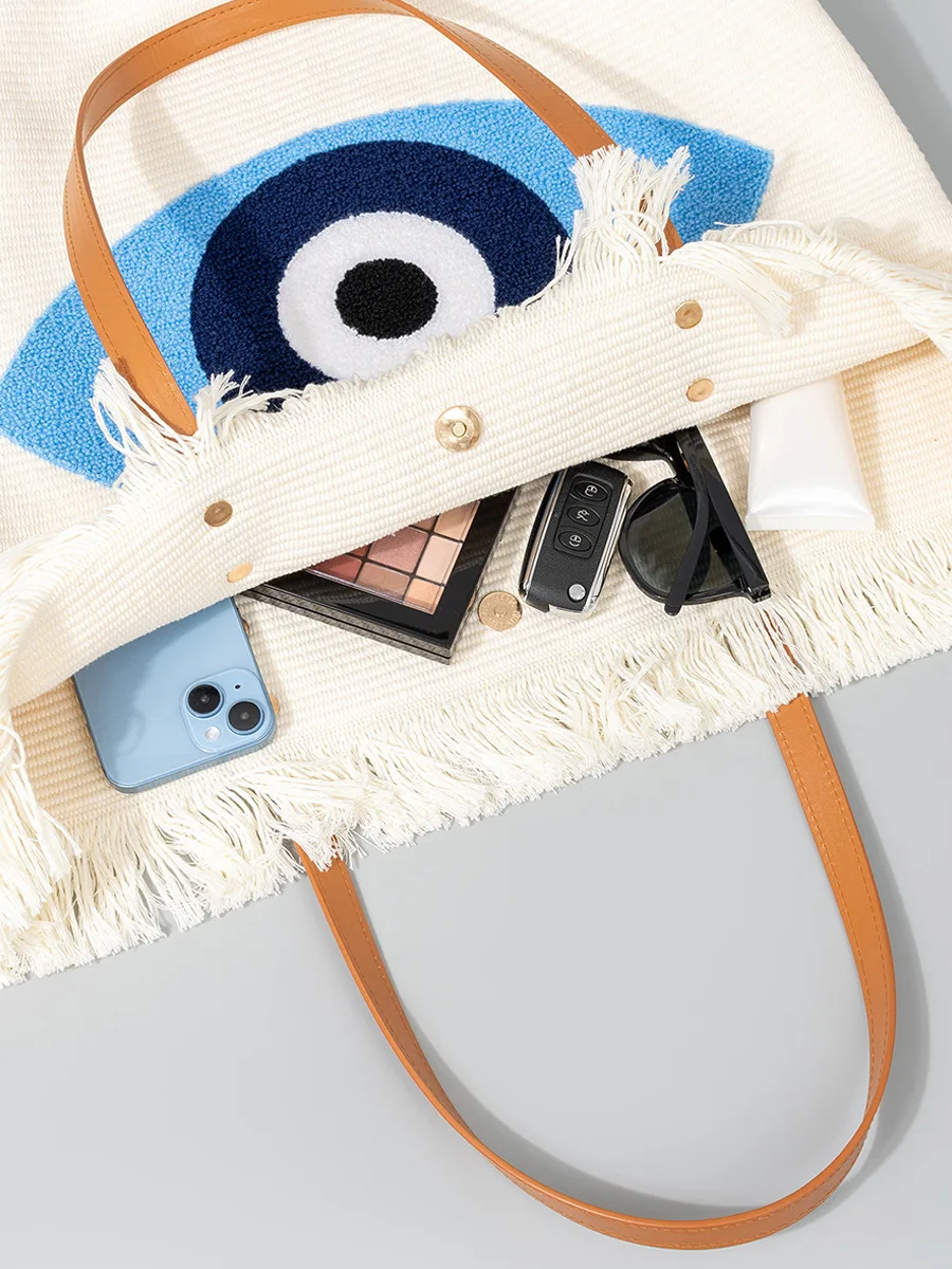 Wholesale Custom New Arrival Fashion Evil Eyes Tote Bag Bohemian Portable Canvas Shoulder Bag Top Fringe Beach Bag