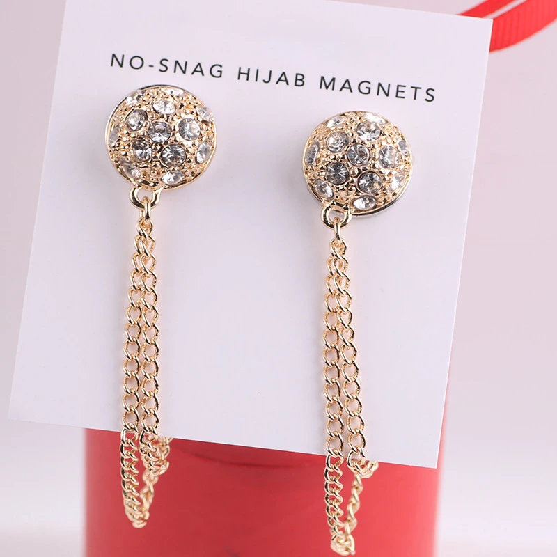 2Pcs/Pack New Arrivals Muslim Ladies Chain Magnetic Hijab Pins Rhinestone Diamond Brooches Women Scarf Hijab Magnet Pin