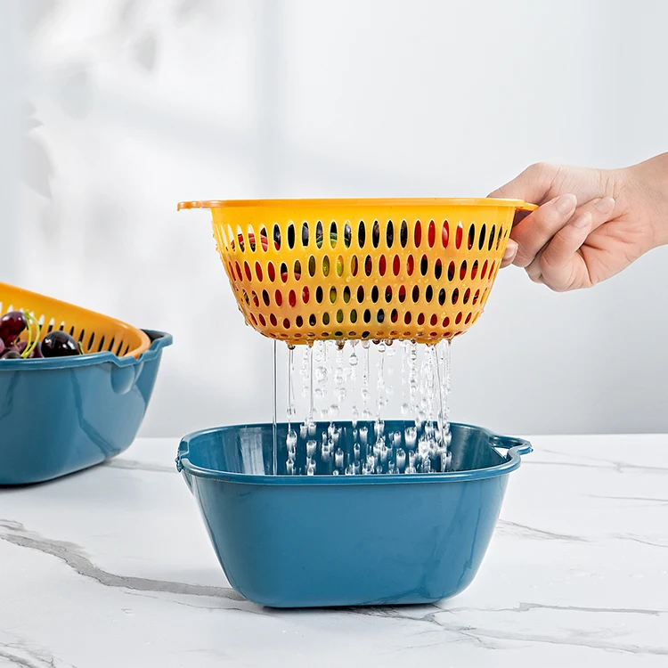 Double Layer Fruit Vegetable Washing Drying Storage Basket Drain Basket With Handle