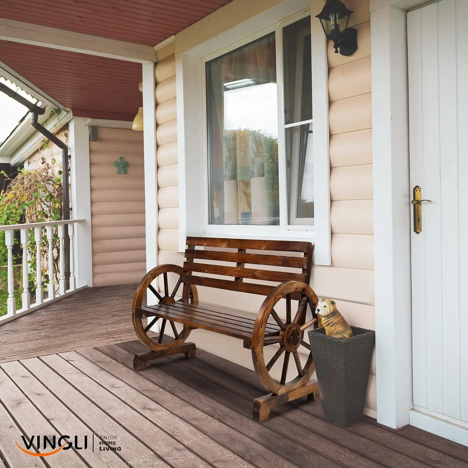 Rustic Wooden Wheel Outdoor Bench 2-Person Patio Garden Bench