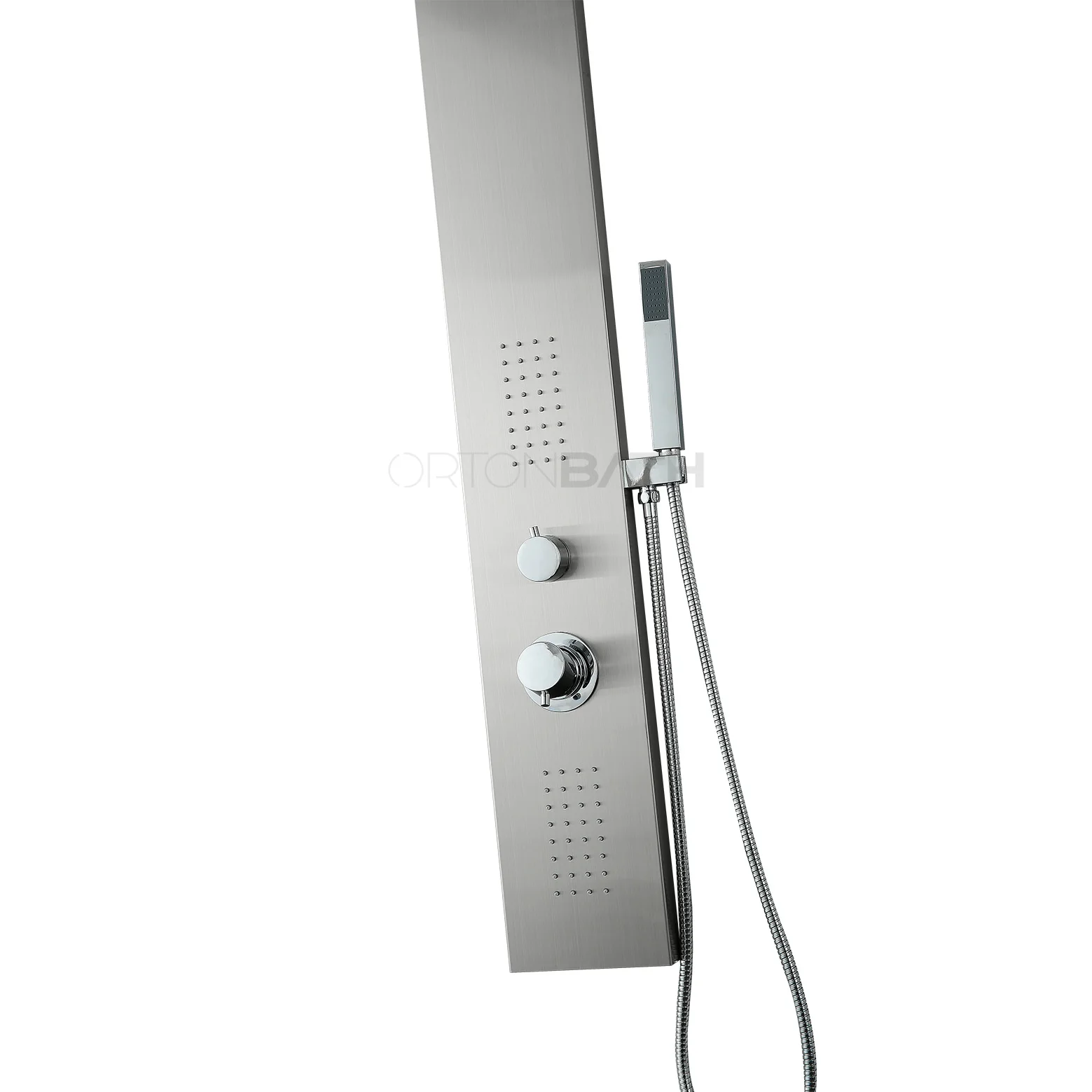 ORTONBATH ShowerSpa Panel with Rain Shower head, 2 Body Spray Jets and Hand Shower, Brushed Stainless Steel Nickel Fixtures