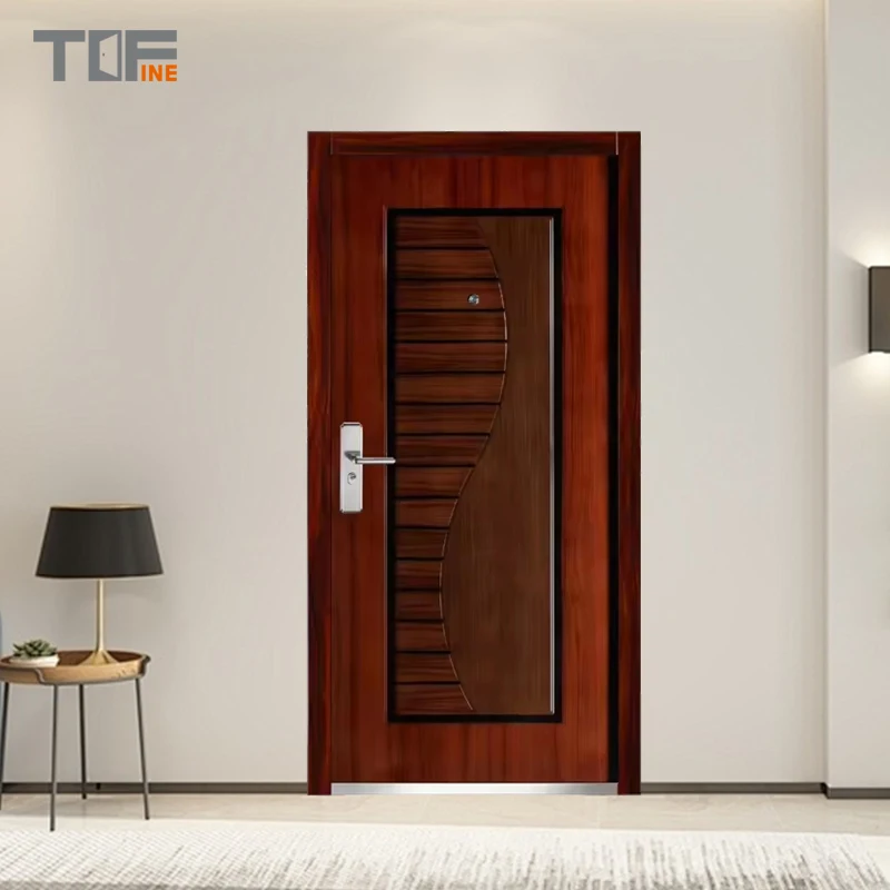 Modern Design Armored Walnut Color Metal Exterior Security Front Steel Door With Glass