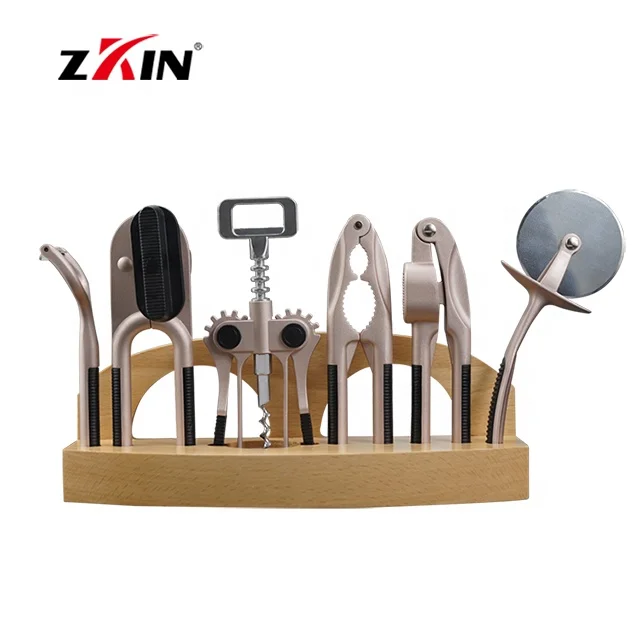 Многофункциональный набор кухонных гаджетов из 7 предметов с деревянной основой, нож для чеснока, открывалка для вина, нож для пиццы, нож для резки орехов