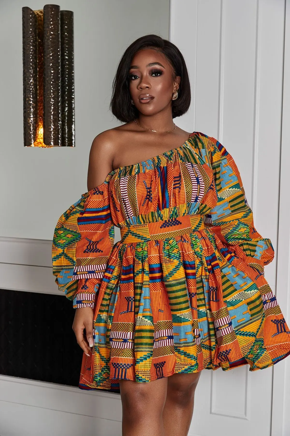 Hot Sale African Ladies Clothing Sexy One Shoulder Short Dresses Fashion Printed Belted Kitenge Dress Designs For African Women