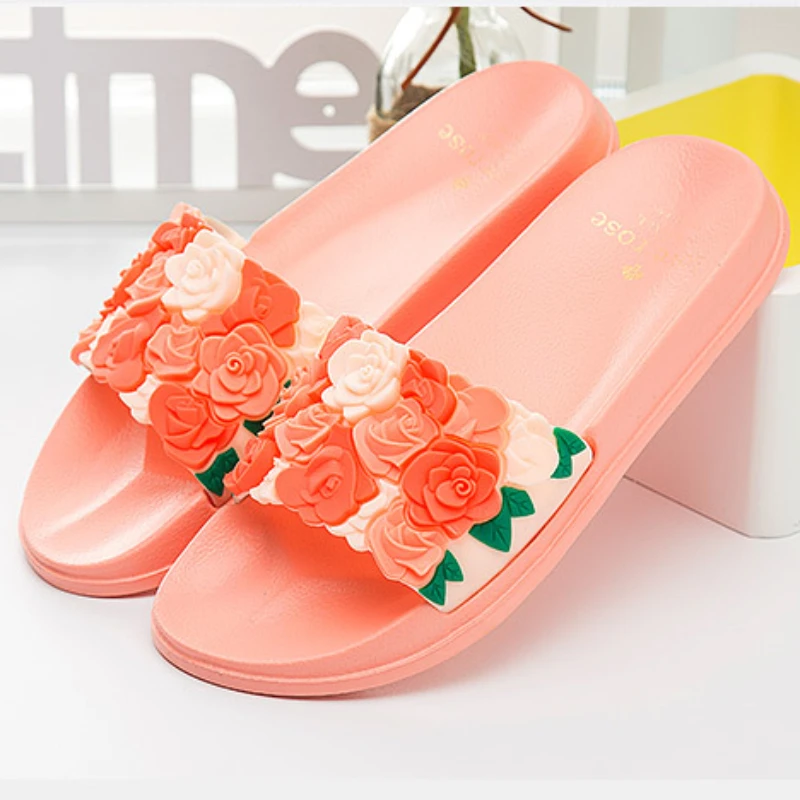 Beautiful Rose Flowers Slippers For Women Fashion Summer Plastic Outdoor Beach Female Slide Flat Slippers Shoes Wholesale