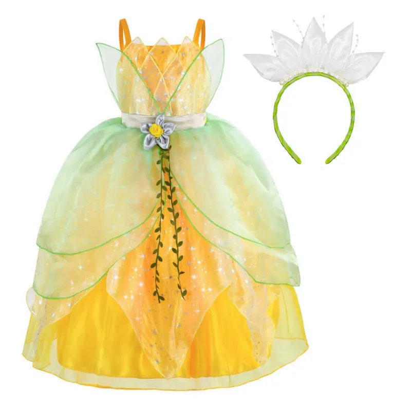 Child Birthday Party Halloween Fancy Ball Gown Dress up The Frog Girls Princess Tiana Costume DPTC-002