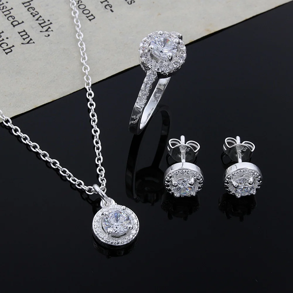2023 Shiny Zircon Crystal Silver Necklace Ring Earrings Set Wedding Engagement Diamond Jewelry Set for Women