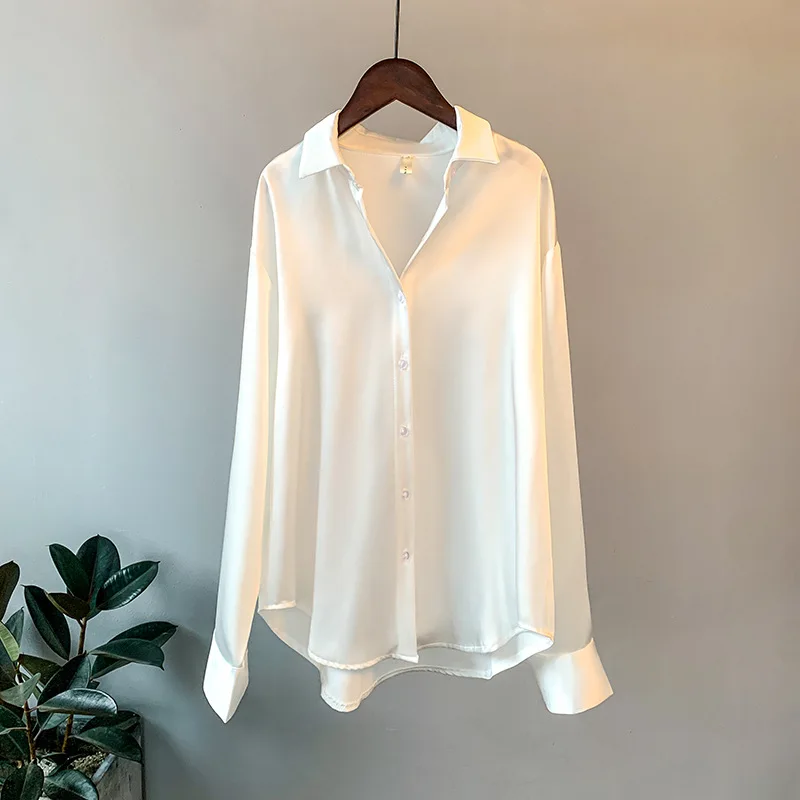 Fall 2022 Women Clothes Spring Elegant Women Button Up Satin Silk Shirt Top Fashionable Long Sleeves V Neck Vintage Satin Blouse