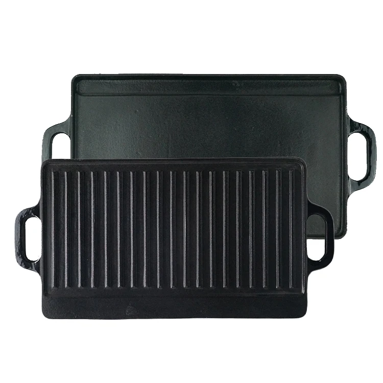Hot Sale BBQ Griddle Plate Cast Iron Pans Customized Box Logo Double handle  Grill Cast Iron Griddle For Cookware