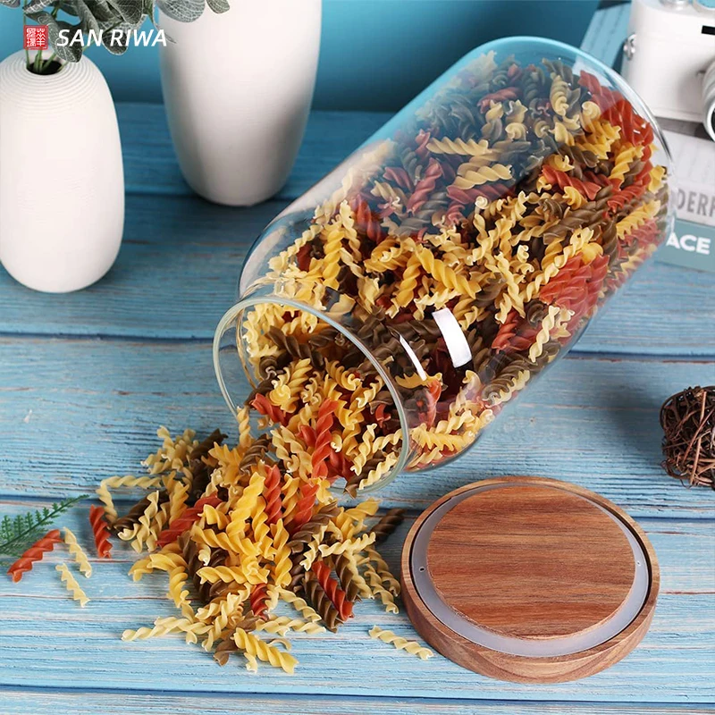 Transparent Airtight Glass Food Storage Jars With Acacia Wooden Lid Cylinder Sealed Air Tight Kitchen Borosilicate Glass Jar