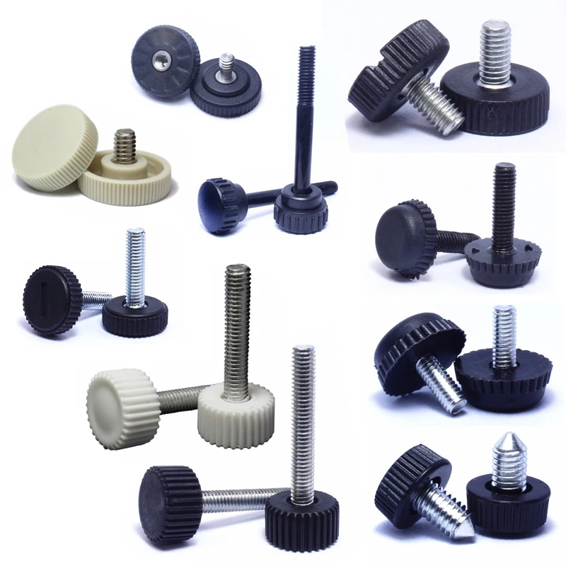 Manufacturer straight knurled Plastic handle Fixed screw handleThumb Screw Stainless Steel Black Kunrled Round Plastic Knob
