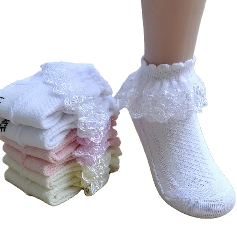 Wholesale new born baby girl lace anti-slip ankle socks solid color fashion soft cotton socks for kids