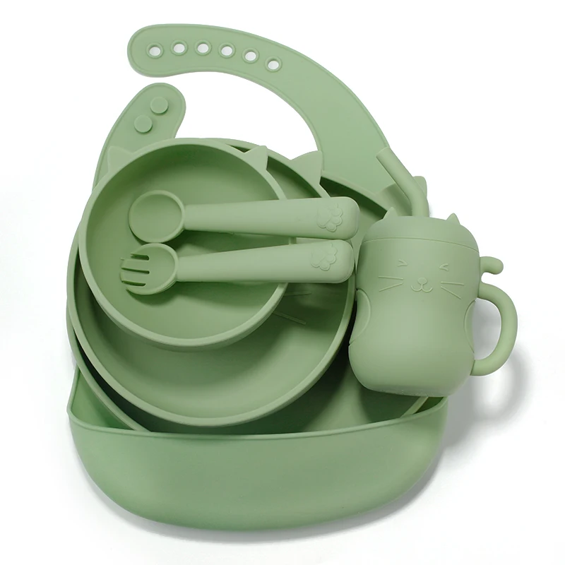 Cat Animal Food Grade Silicone Baby Feeding Set Bpa Free Plate Bowl Bib Cup Fork And Spoon Baby Feeding Dinnerware Set