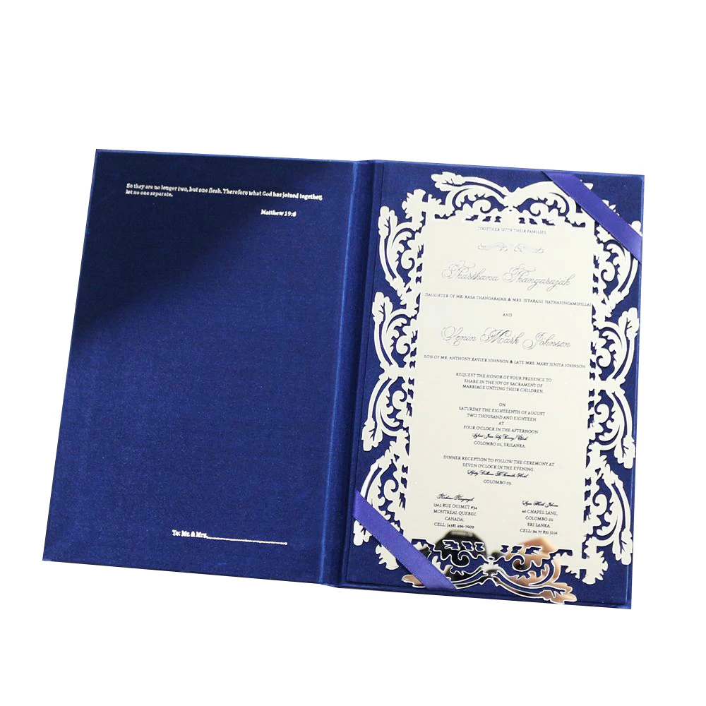 Latest Design Silk hardcover Folder Laser Cut Silver Acrylic Mirror Wedding Invitation Card and Navy fabric hardcover invitation