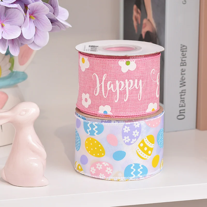YAMA Print Logo Happy Easter Wired Edge Ribbon For Gift Wrapping Garland Bows Holiday Decoration 63mm 10Yard/Roll