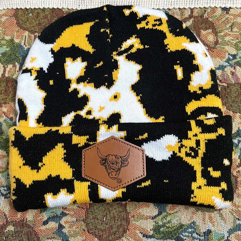fashion acrylic Cow print Highland Cow Beanie winter thick knit beanies cow girl hats with custom logo patch
