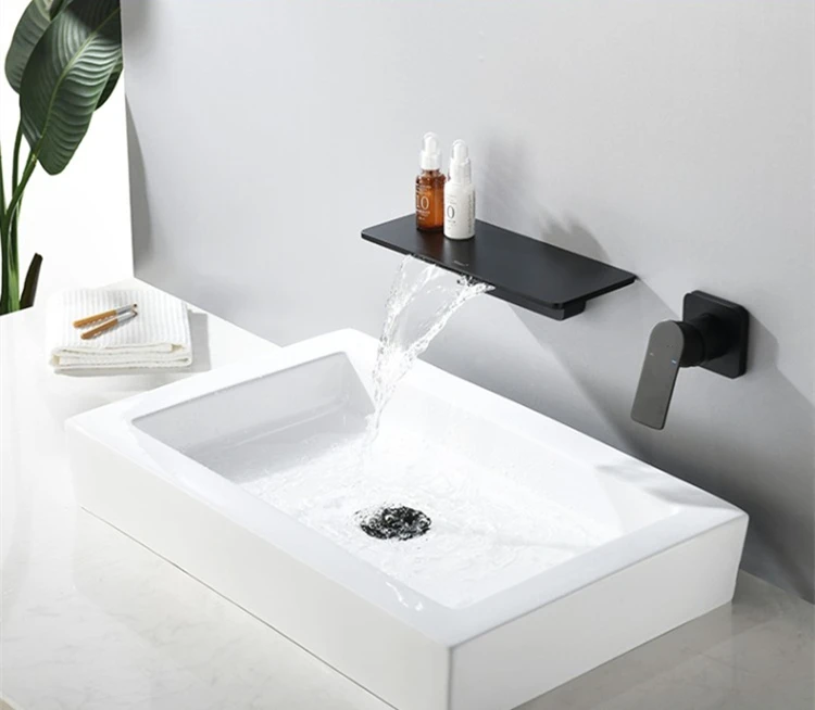 In-wall waterfall faucet black concealed embedded hotel washbasin hot and cold water faucet shelf