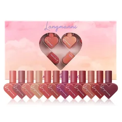 New waterproof heart shape 12pcs velvet matte liquid Red lipstick Set Women Lip Makeup Lipgloss Kit