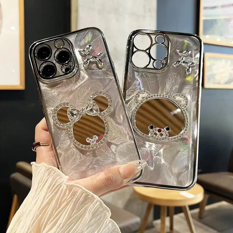 for iphone 16 plus 15 promax mobile phone case female diamond mouse mirror bracelet shell with lens film