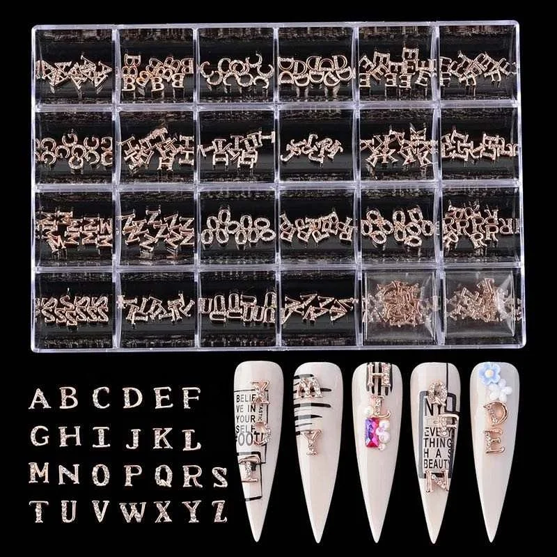 Hot sale New Type Gold Nail Crystal Rhinestone English 3D Letters Nail Art Charms Zircon Stud Box For Nails