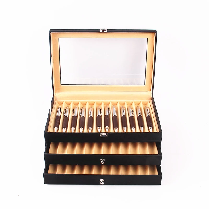 
Fancy pu leather black pen packaging box with 34 slots for mens gift fountain pen storage display case in stock 