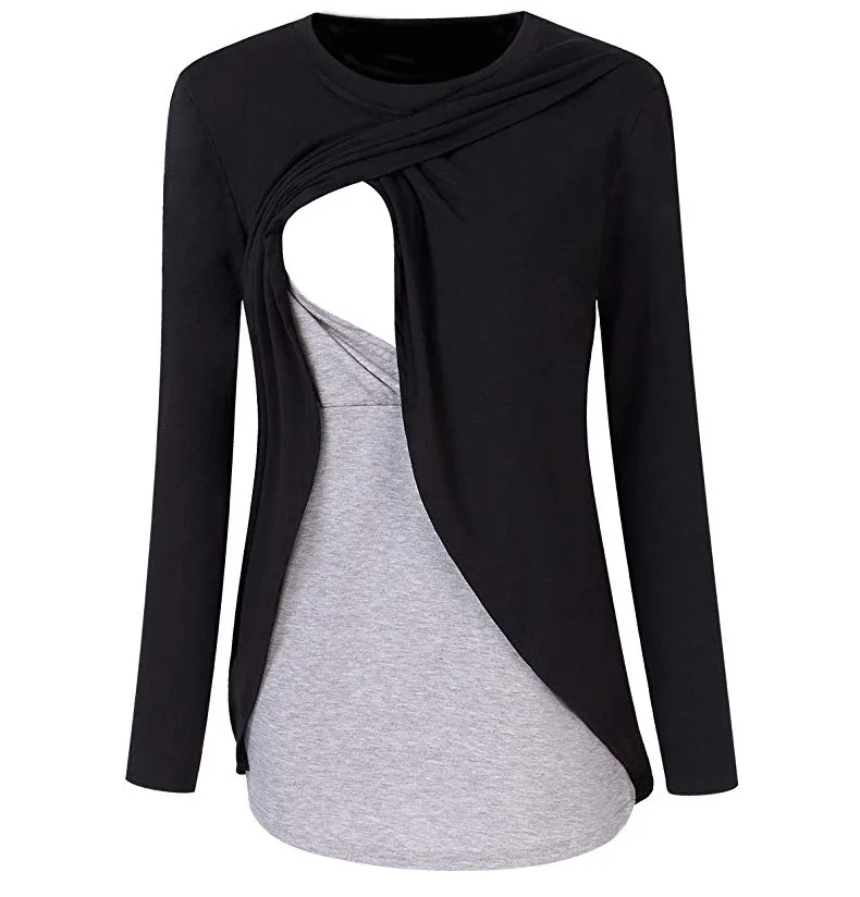 
2020 fashion maternity pregnant womens side pleated casual long sleeved breastfeeding top breast feeding pregnant T shirt blouse 