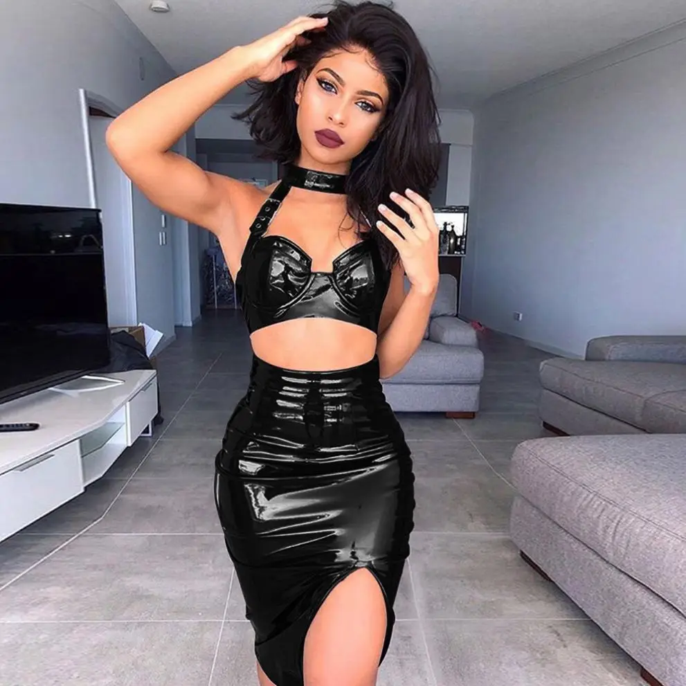 Sexy lady photo in pu leather 2 pcs bandage dress