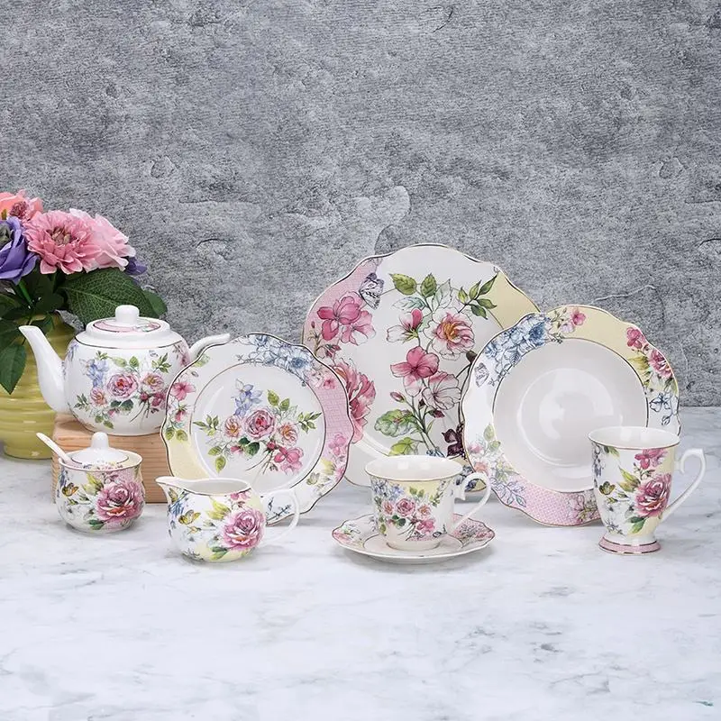Light Luxury Floral Gold Rimmed Tableware Dish Set for Home Use Ceramic Creative Dishes Bowl Plate for Dining Room