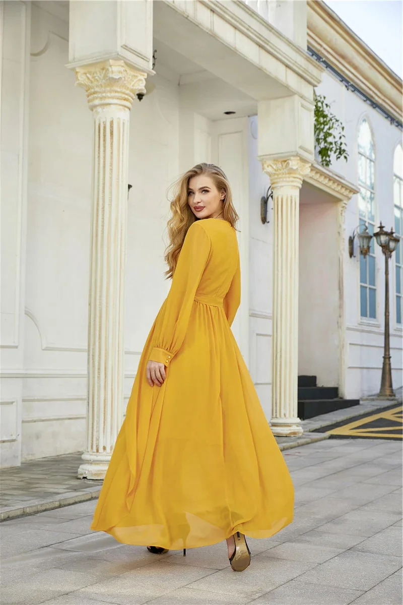 2021 New Womans Fashion Lady Yellow Chiffon Ruffle Ladies Maxi Long Dress Women Elegant Summer occasion Casual Dresses