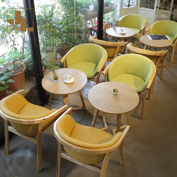 Modern style cafe wood frame fabric green dining armchair hotel restaurant dining table and chair set furniture
