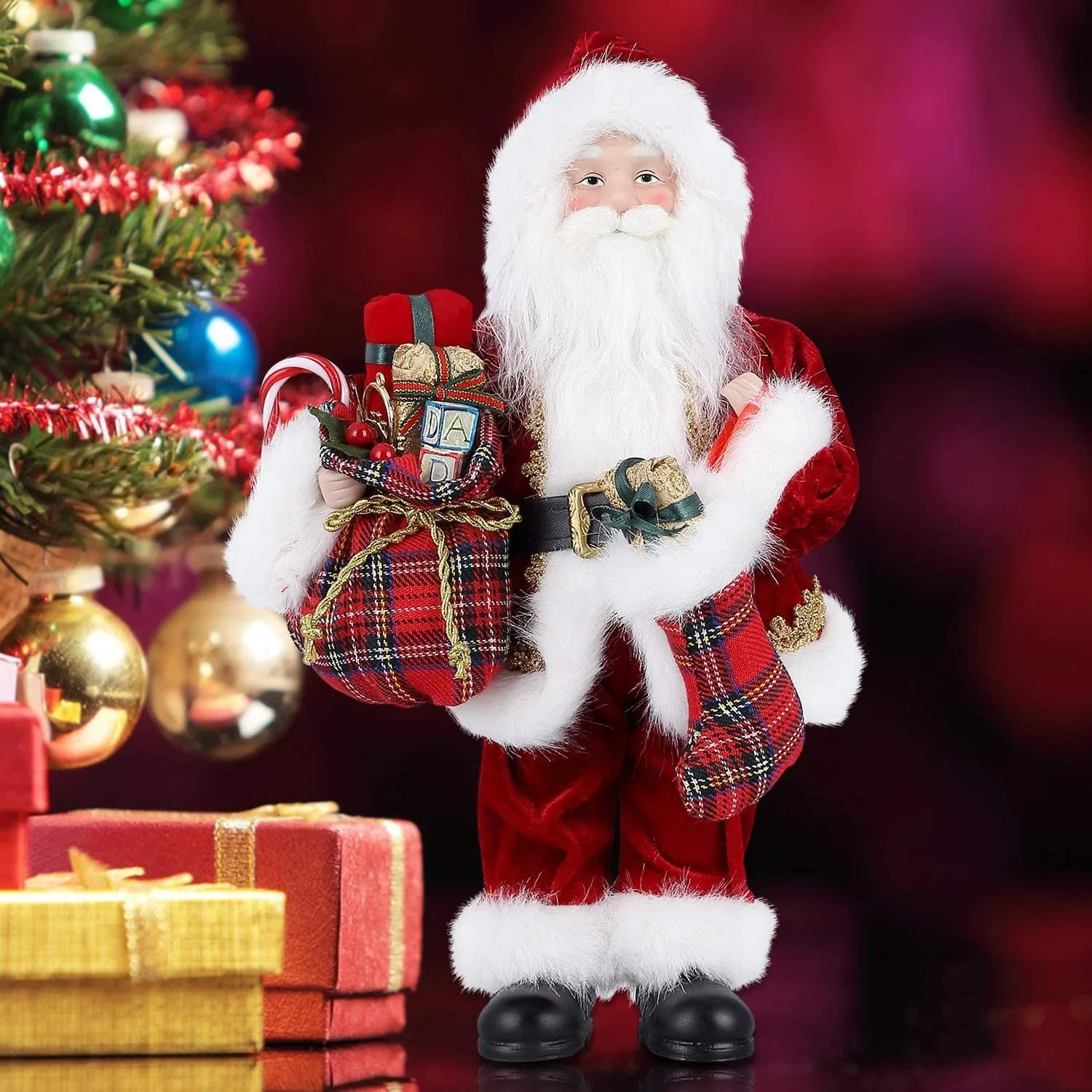 Santa Claus, Christmas Figurine Figure Decor with Christmas Sock and Gifts Bag for Holiday Party Home Decoration