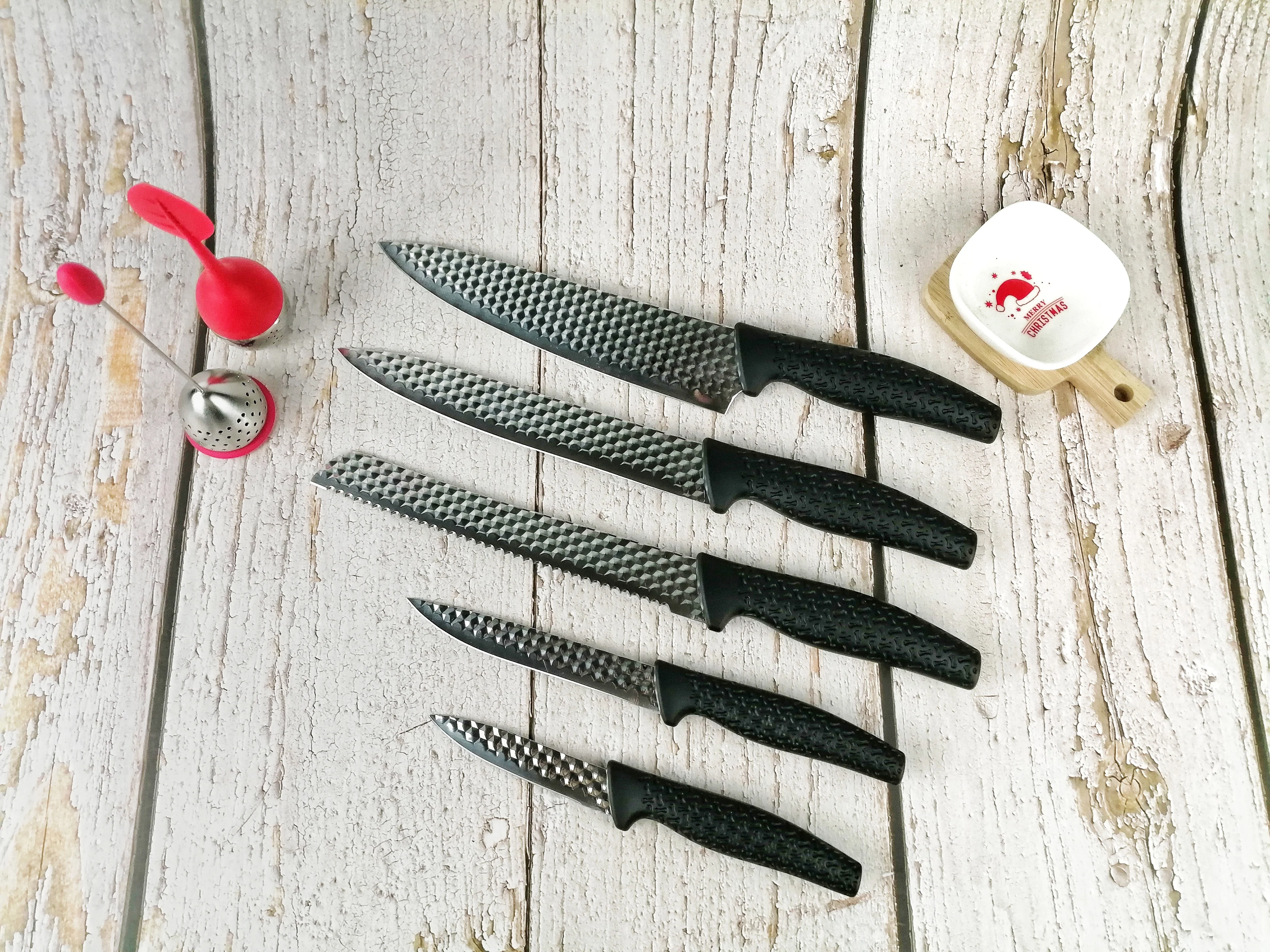 
Popular 5PCS 3D Stainless Steel Coating Knife Set with PP+TPR handle 