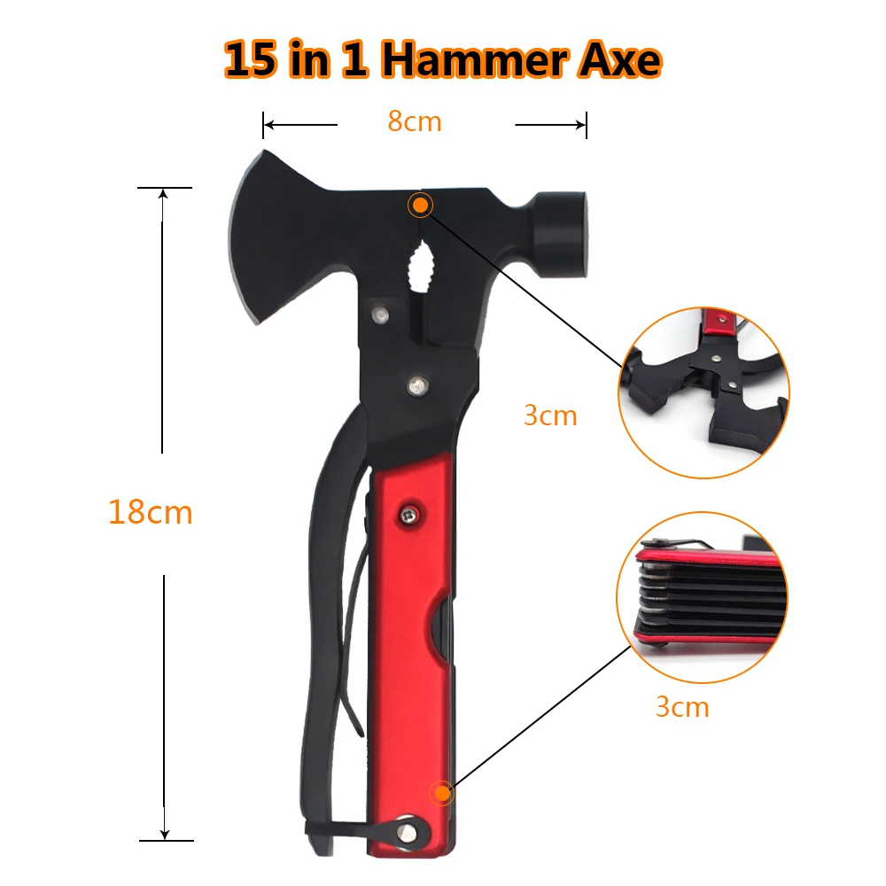 15 in 1 Multitool - Hammer, Survival Knife, Hatchet Axe, Bottle Opener, Pliers for Camping, Emergency Car Kit - Cool Multi Tool