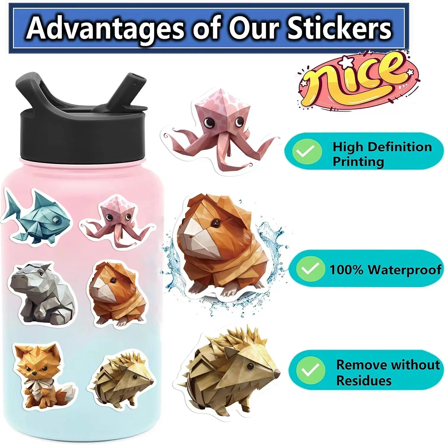 50pcs Origami animals PVC waterproof graffiti sticker packs for kids laptop luggage notebook bottle cup bike decoration