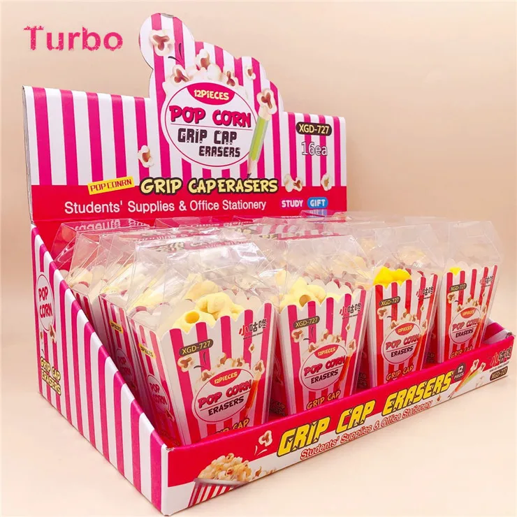 Turbo 2021-2022 novelty school student stationery Wholesale Free sample funny creative 3d popcorn shaped pencil topper  eraser