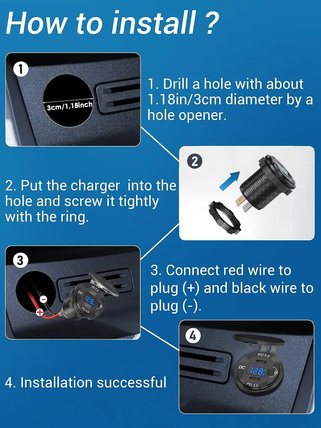 12V/24V  Dual USB-C  PD charger  outlet with voltmeter  ammeter  and button switch for marine Boat RV Motorcycle Golf Cart