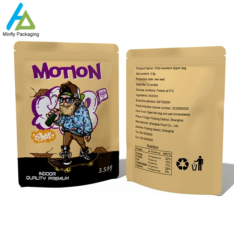 Custom Printed Edible Reusable Candy Packaging 3.5g/7g PE/PE Matte Mylar Zipper Bag Aluminum Stand Foil Plastic Bag