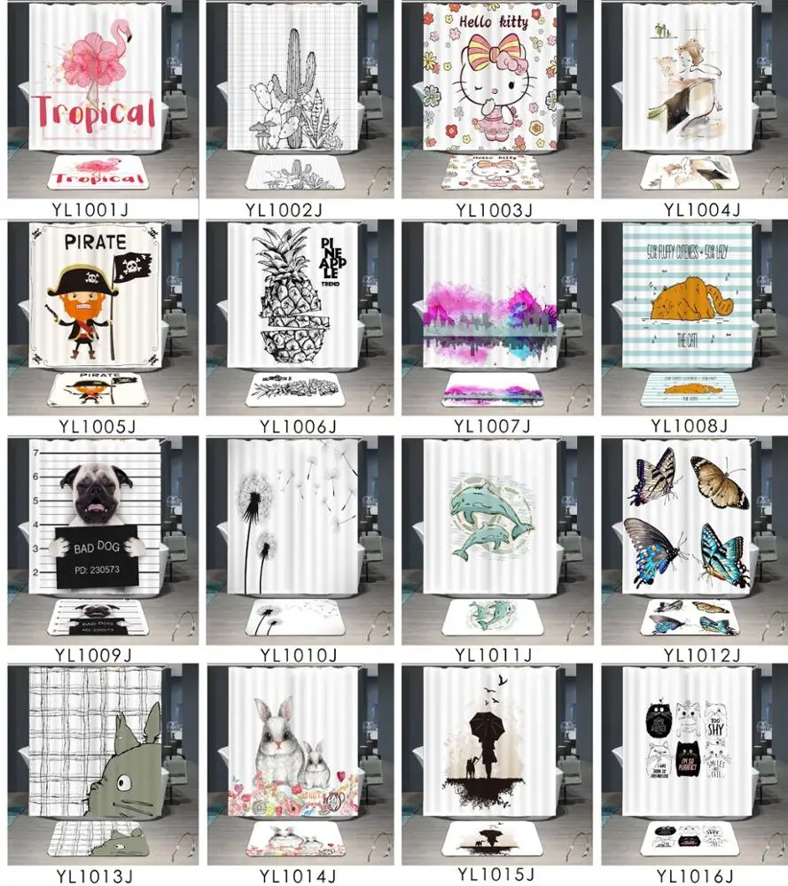 The 100% Polyester 3D Digital Printed Cartoon Cat Shower Curtain from China