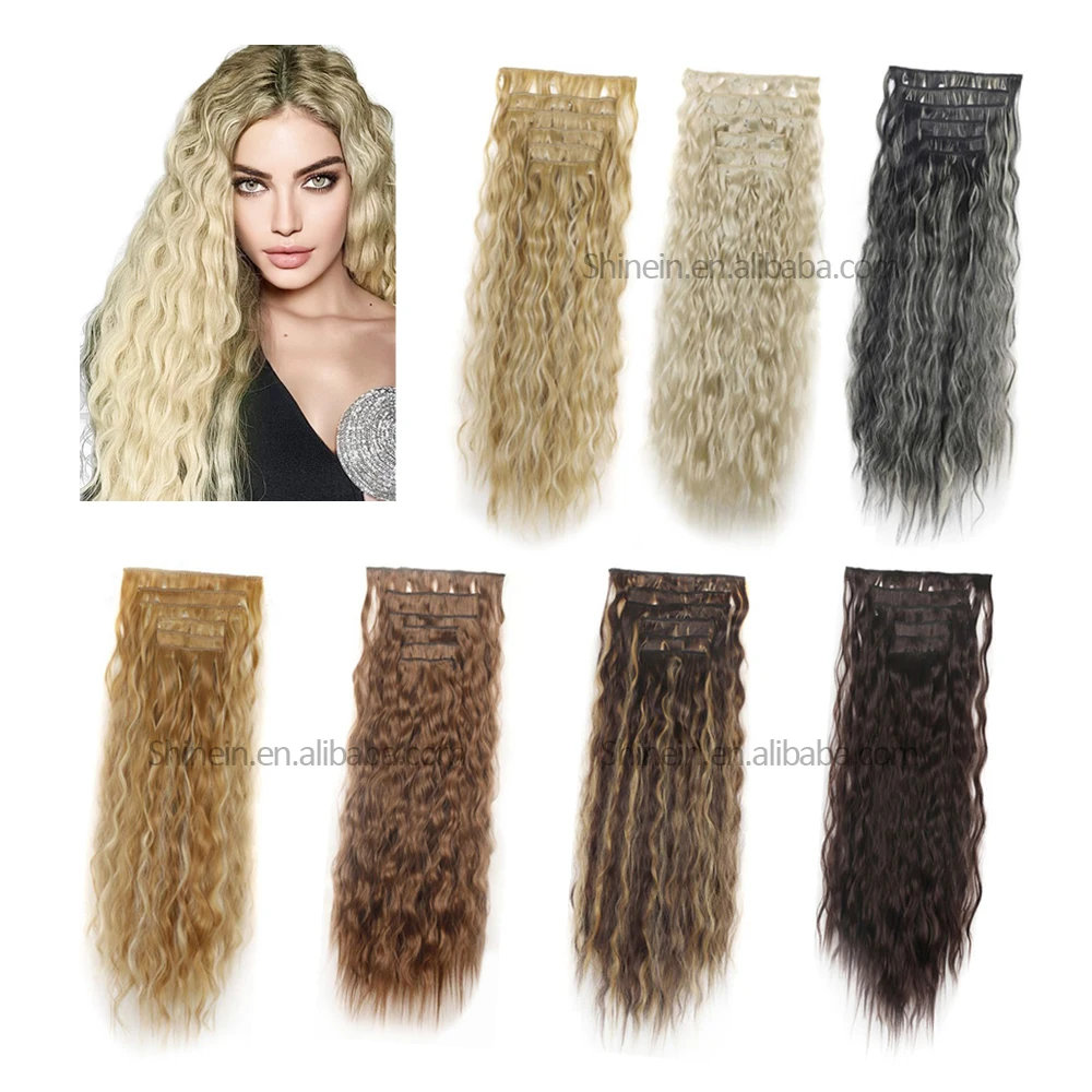 Shinein Long Water Wave Curly Clip in Hair Extensions 6pcs Fluffy Corn Wave Synthetic Hair Extensions with Clips