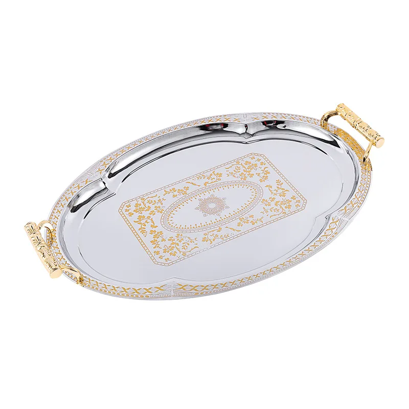 Металлические овальные сервировочные лотки из нержавеющей стали, Большой Серебристый зеркальный лоток с золотой ручкой