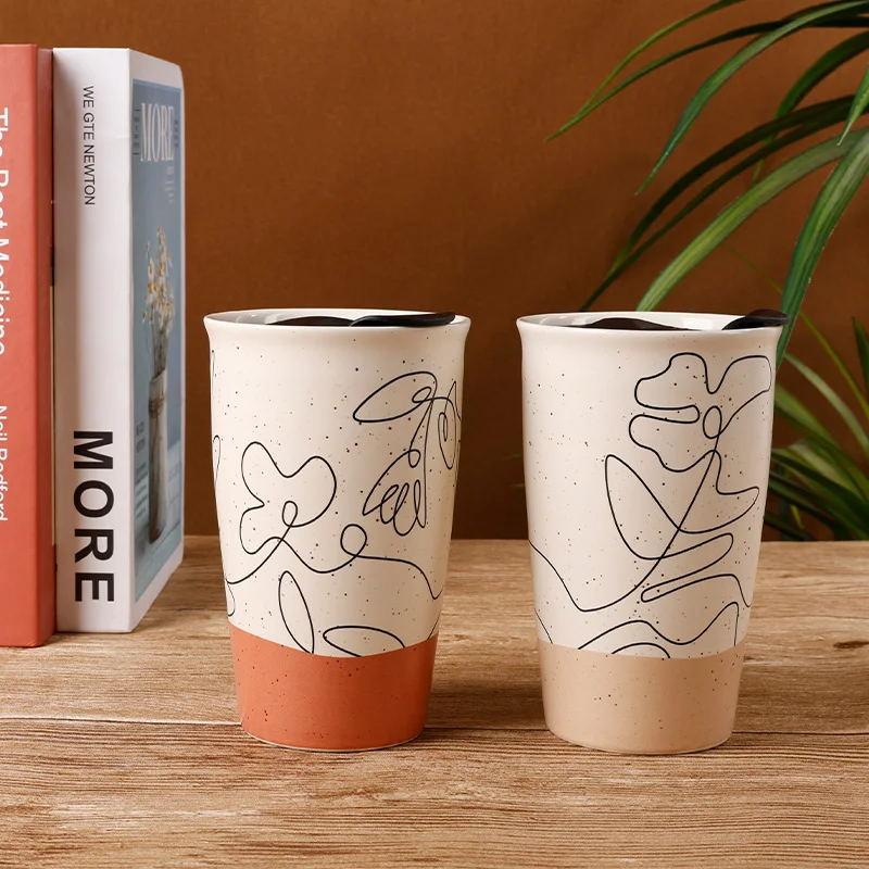 YST ceramics Manufacturer Modern ceramic Travel Mug Creative Flower Pattern Double-layer Coffe Cup with Lid