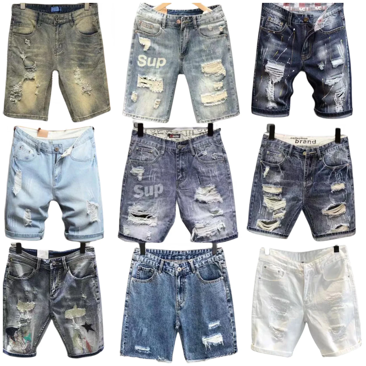 High Quality Men Summer Jean Shorts High Street Vintage Loose Fit Distressed Washed Ripped Men Denim Shorts
