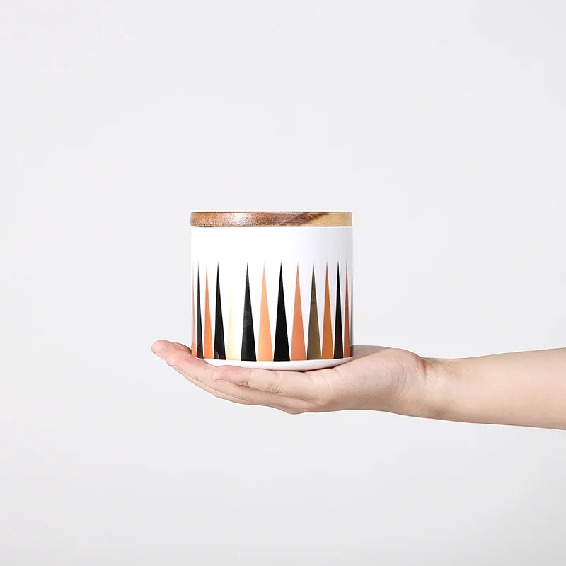 Geometric pattern Porcelain Container Ceramic kitchen Food Storage Jar Wooden Lid Canister Serving Tea Coffee Sugar Canister