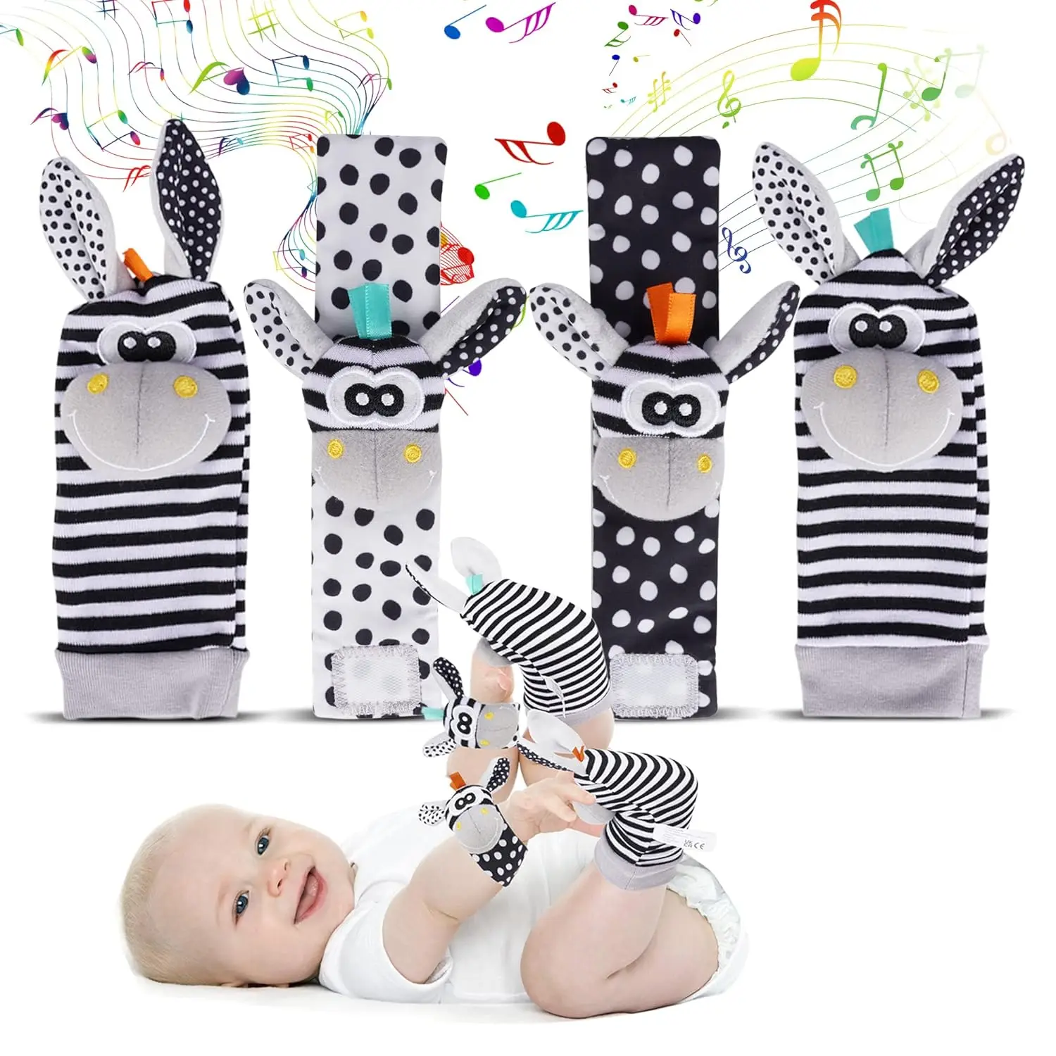 Black and White Foot Finder Sensory baby toy plush Set Cute Animal Development Toy Newborn Baby Rattle Socks Wrist Strap Rattles