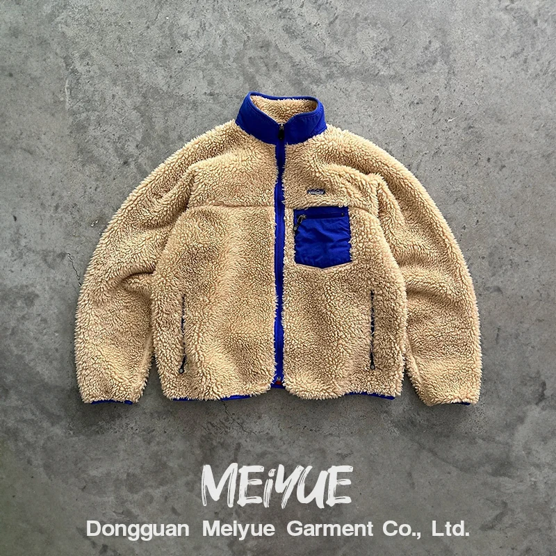 Custom Sherpa Embroidery Color Block Winter Men Jacket Warm Vertical Collar Berber Fleece Jacket Zip up Coat Sweatshirt Unisex