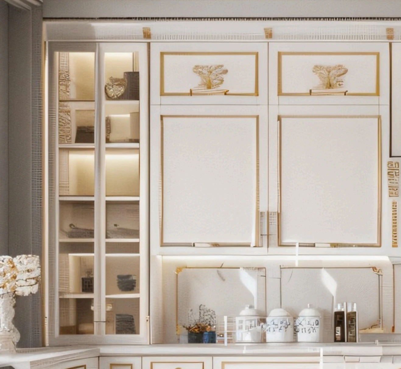 George White color gold border classical cabinet with glass wall cabinet