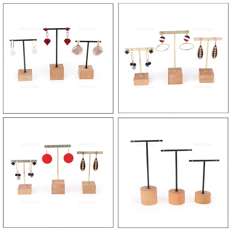 SHI SHENG Metal 3 Pcs T Bar Earring Display Stand with Wooden Base Jewelry Holders Hanging for Store Retail Photography Props