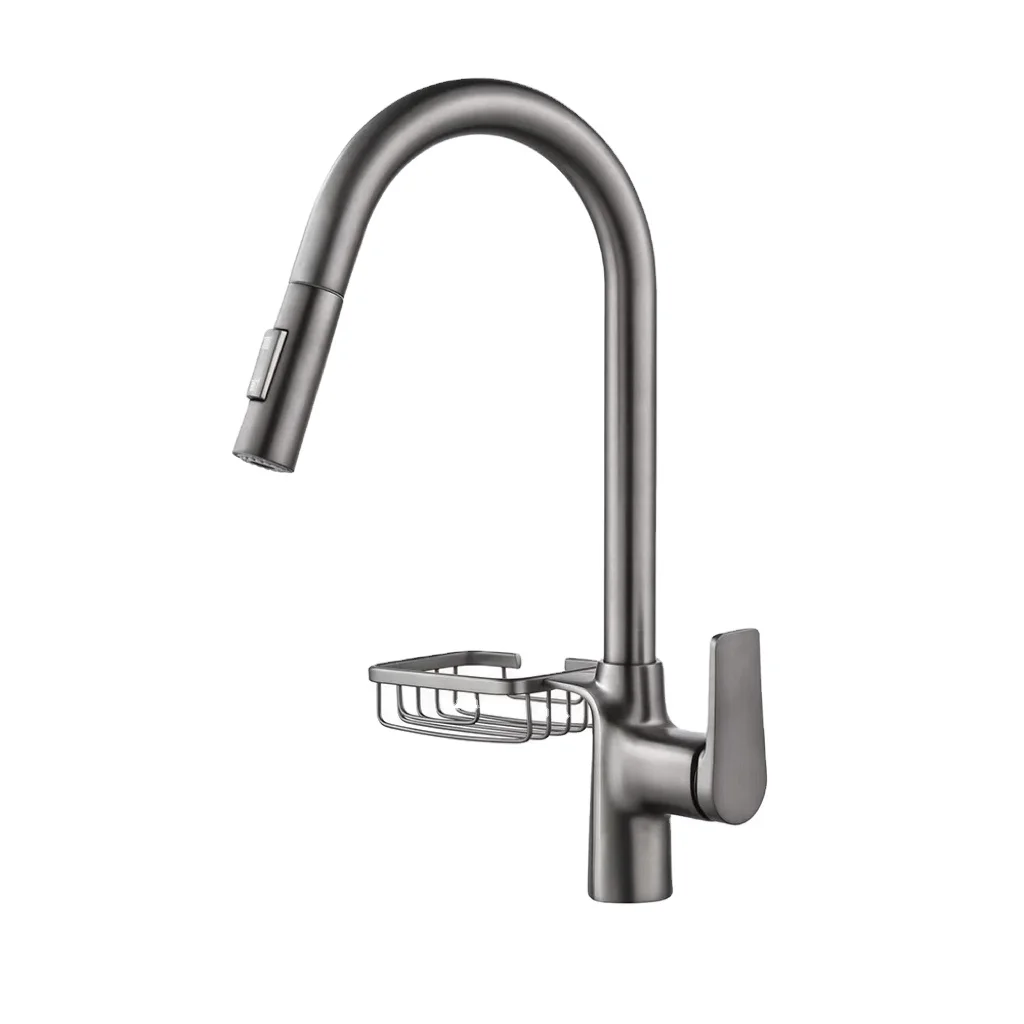 Modern Single-Handle Kitchen Faucet Pull-Down Sink Mixer Hot Cold Brass Valve with Storage Basket CE Certified Copper Material